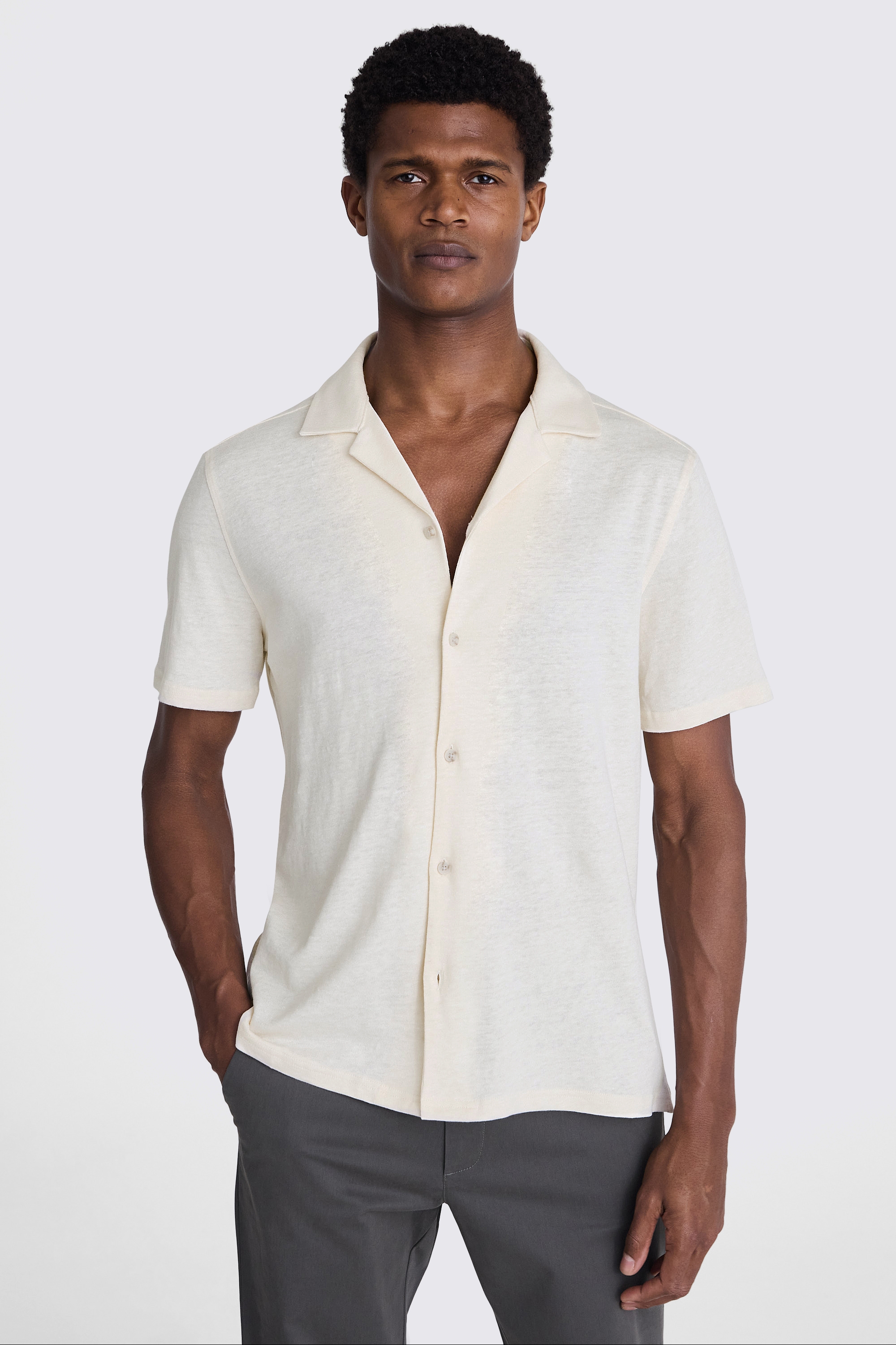 Off White Linen Blend Knitted Cuban Collar Shirt | Buy
